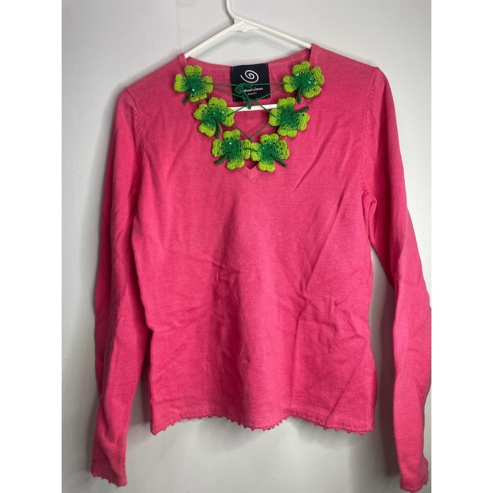 Michael Simon Event Pink Clover Sequin Long Sleeve V Neck Sweater